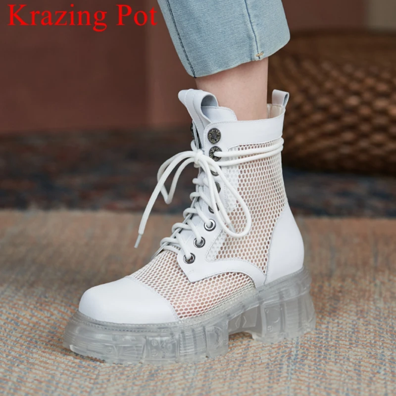 

Krazing Pot fashion cow leather high heels breathable summer boots crystal platform elegant office lady concise ankle boots L83