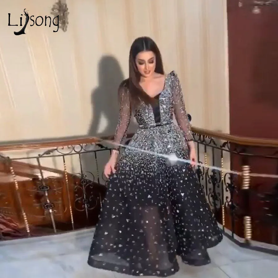 Роскошные блестящие платья для выпускного вечера со стразами длинные рукава