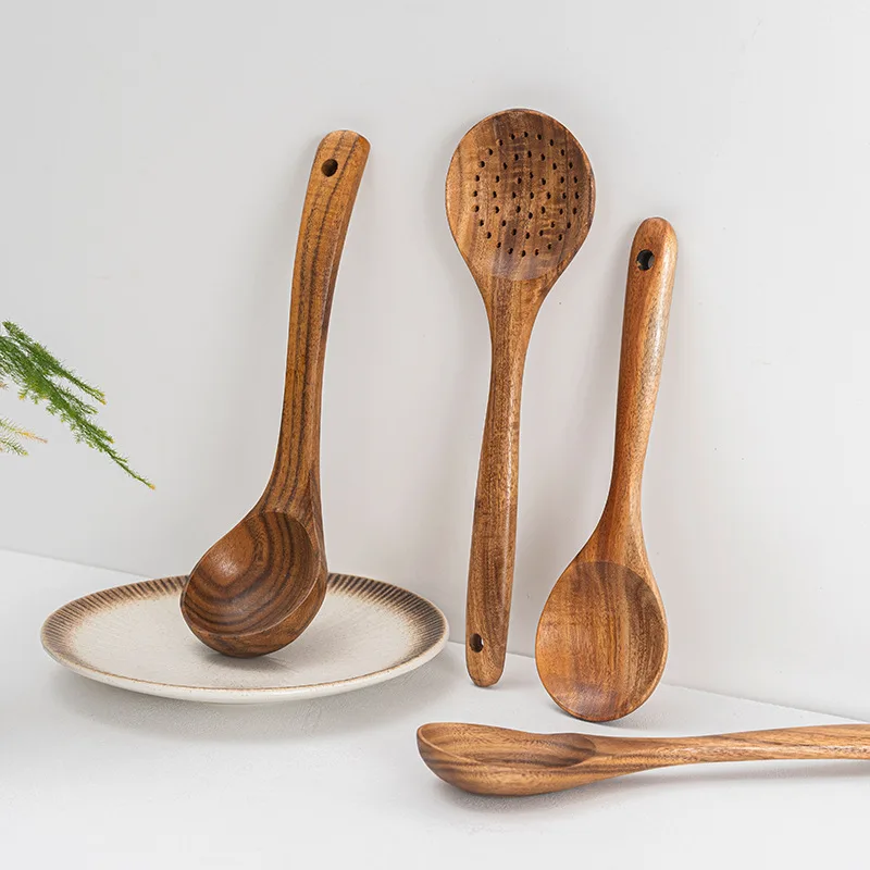

Kitchen Tableware Spoon Natural Wooden Dessert Rice Soup Colander Spoon Skimmer Cooking Shovel Wooden Kitchen Utensils Set
