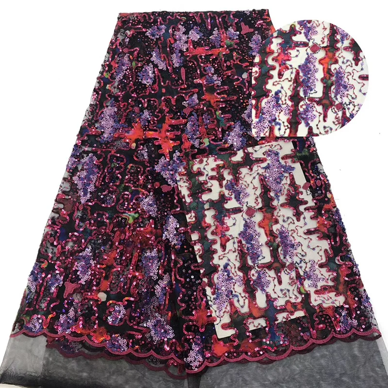 

2019 New African lace Fabric 5 Yards/pcs French Lace Design Velvet With color Sequins fabric Used for women's party dresses