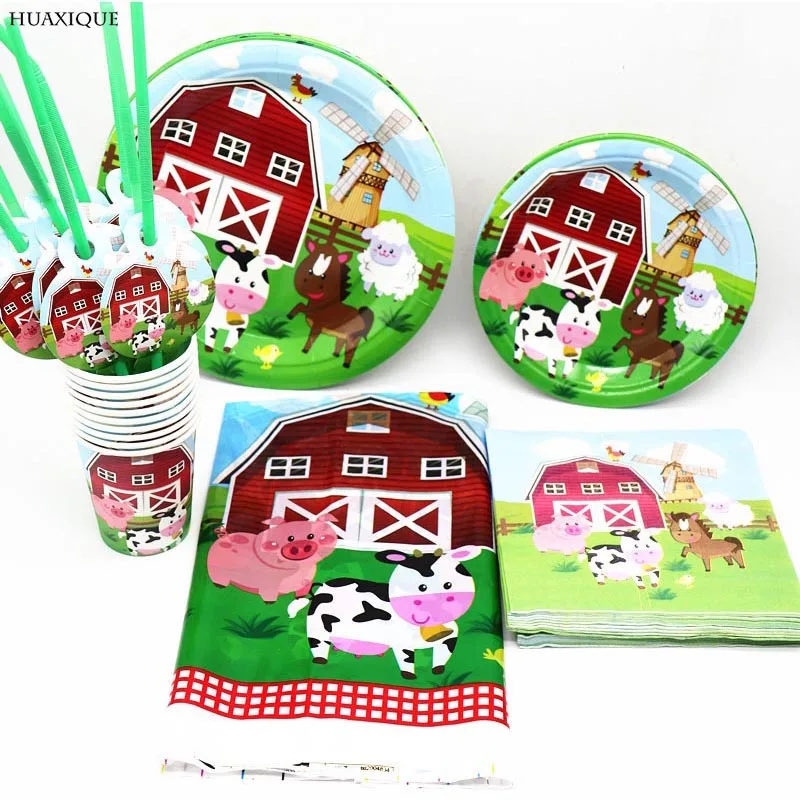 

Farm Animals Theme Party Decor Disposable Tableware Animal Paper Plate Straw Cup Napkin Tablecloth Zoo Cow Happy Bithday Banner