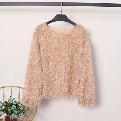 BEIGE Осень Женская Сексуальная Bling o-образным вырезом кисточка искусственный мех с длинным рукавом вязаный свитер рубашка леди базовые Топы футболки пуловеры - Цвет: BEIGE