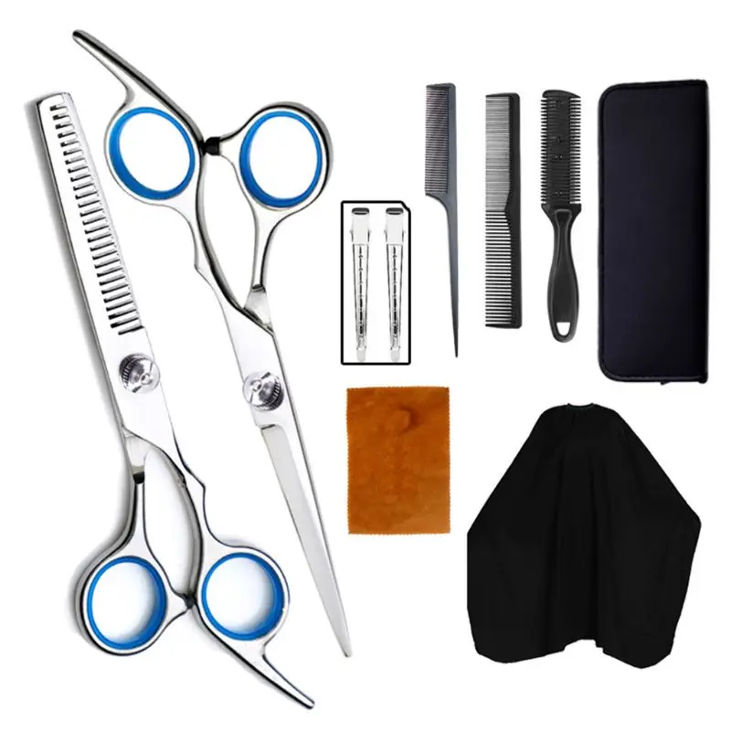 

10pcs Professional Hair Cutting Thinning Shears Razor Comb Clips Cape Hairdressing Scissors Kit D5BF