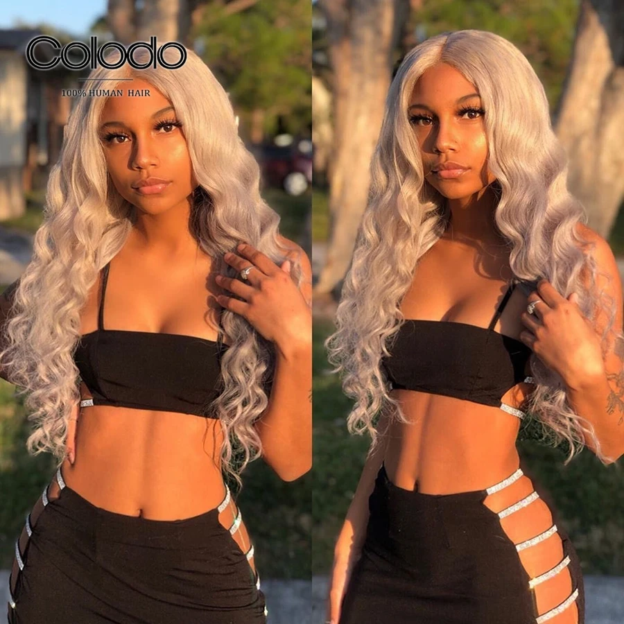 Парики из человеческих волос COLODO серого цвета свободные волнистые кружевные