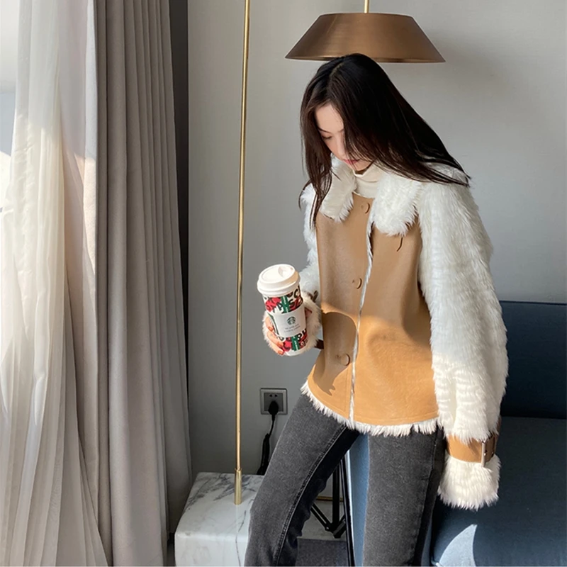 Женская замшевая куртка из искусственной овчины короткая мотоциклетная овечьей