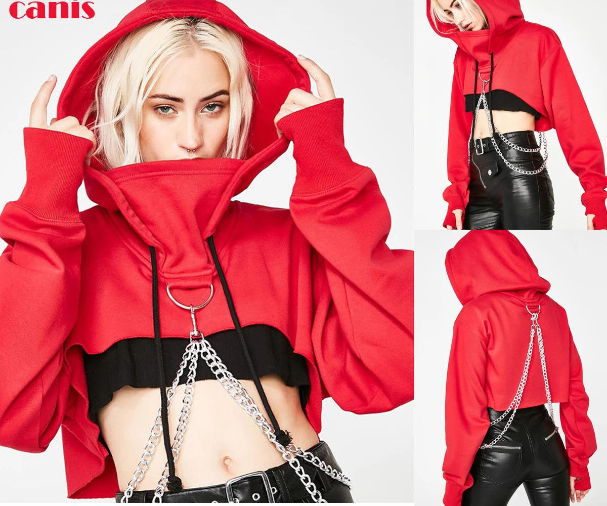 

Women Sexy Fashionable Top Pullover Chain Jumper Pullover Top Hooded Sweatshirt Gothic Hoodie Sweatshirts Womens Tops Streetwear
