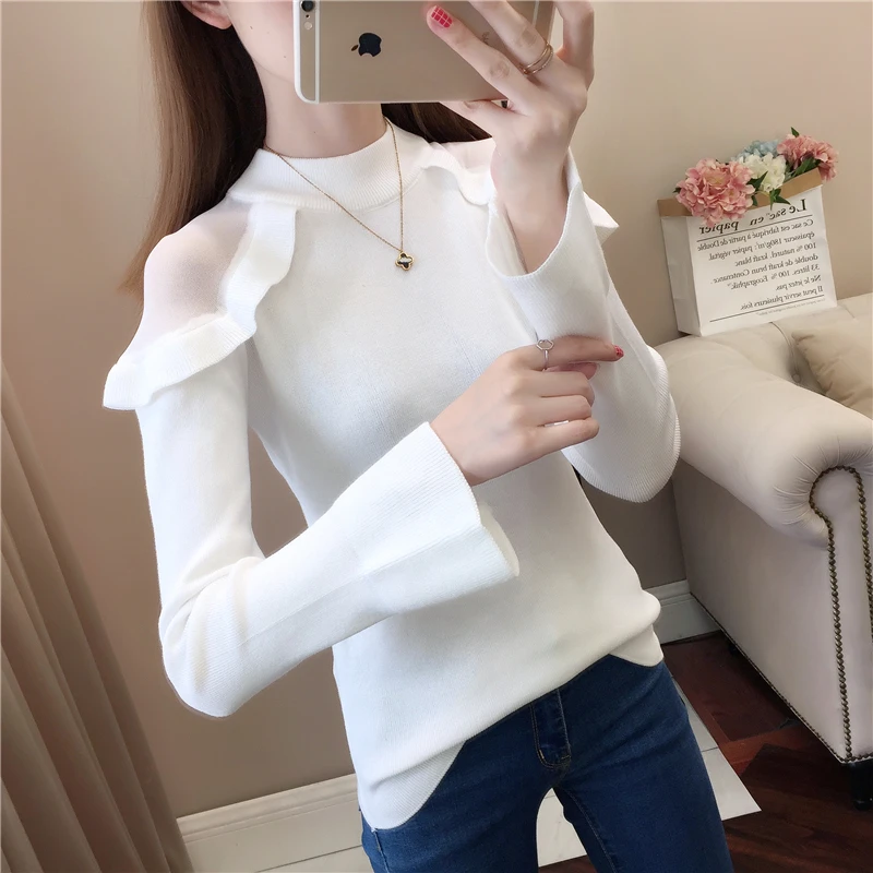 Женский свитер с открытыми плечами кружевной пуловер высоким воротником и