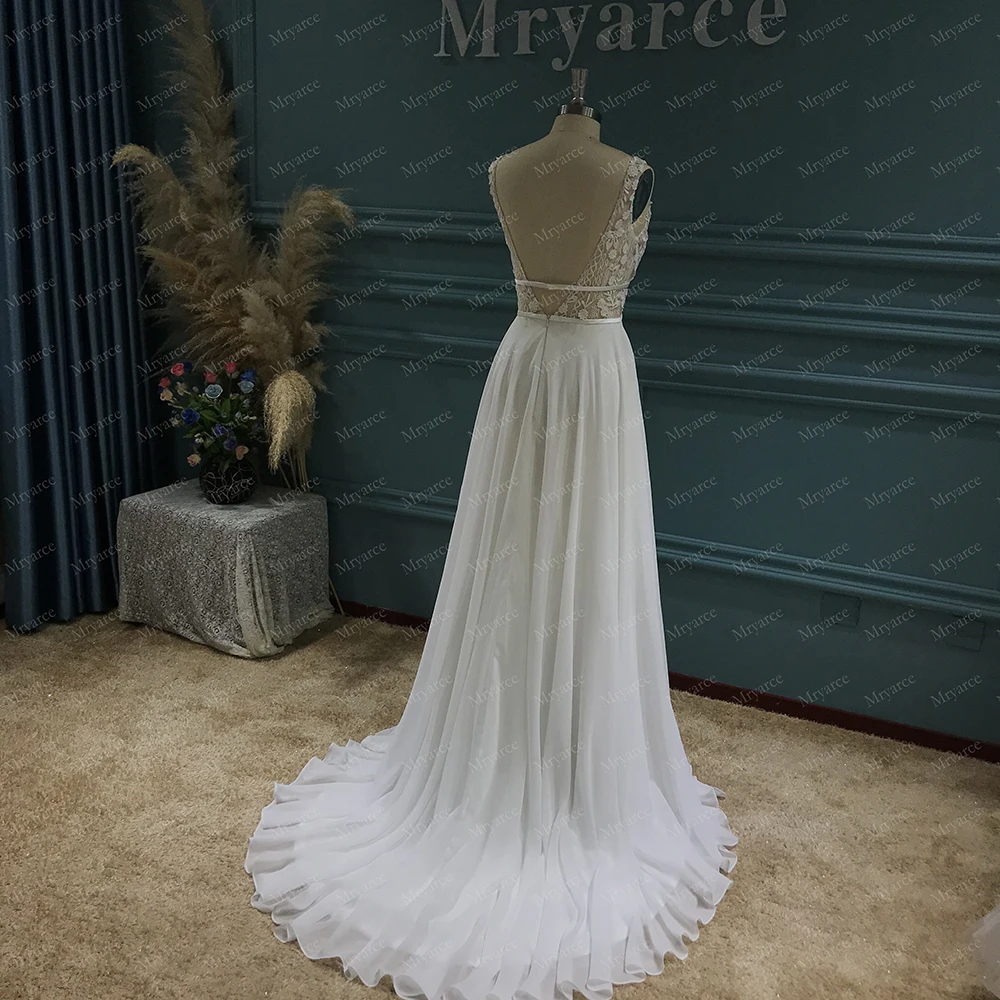 Mryarce Brautkleid mit tiefem Ausschnitt, 3D-Blumenspitze, offener Rücken, Chiffon, A-Linie, rustikale Brautkleider – Detail 5