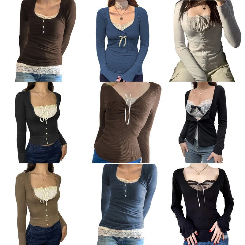 Винтажные кружевные лоскутные милые хлопковые футболки Женская Модная