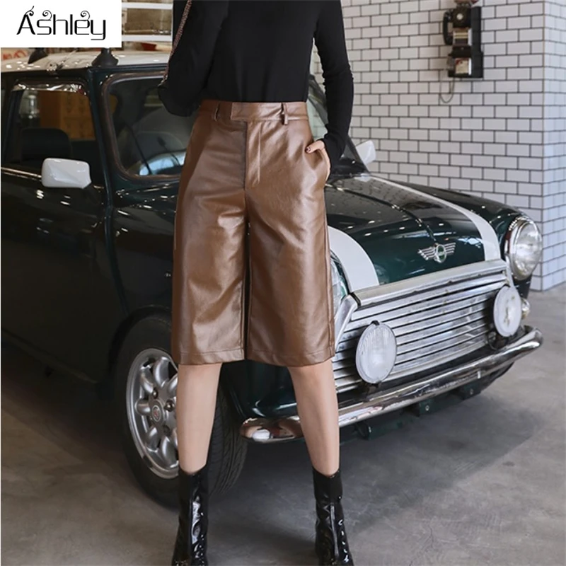 

Ashley Pu leather pants women chic High waist motocycle female sexy half pants Autumn winter ladies party club wear bottom 2019