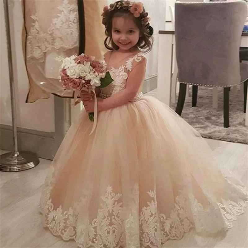 

Popular Custom Champagne Little Girls Ball Gowns Long Lace Flowers Girl Wedding Dresses Flower Girl Dresses With Beaded Sash
