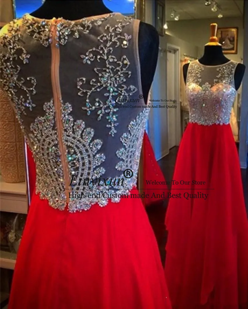 

Latest Hot Scoop Neck Red Long Evening Dresses Chiffon Beaded Formal Evening Gowns Scoop Neck Sleeveless Prom Dresses 2019