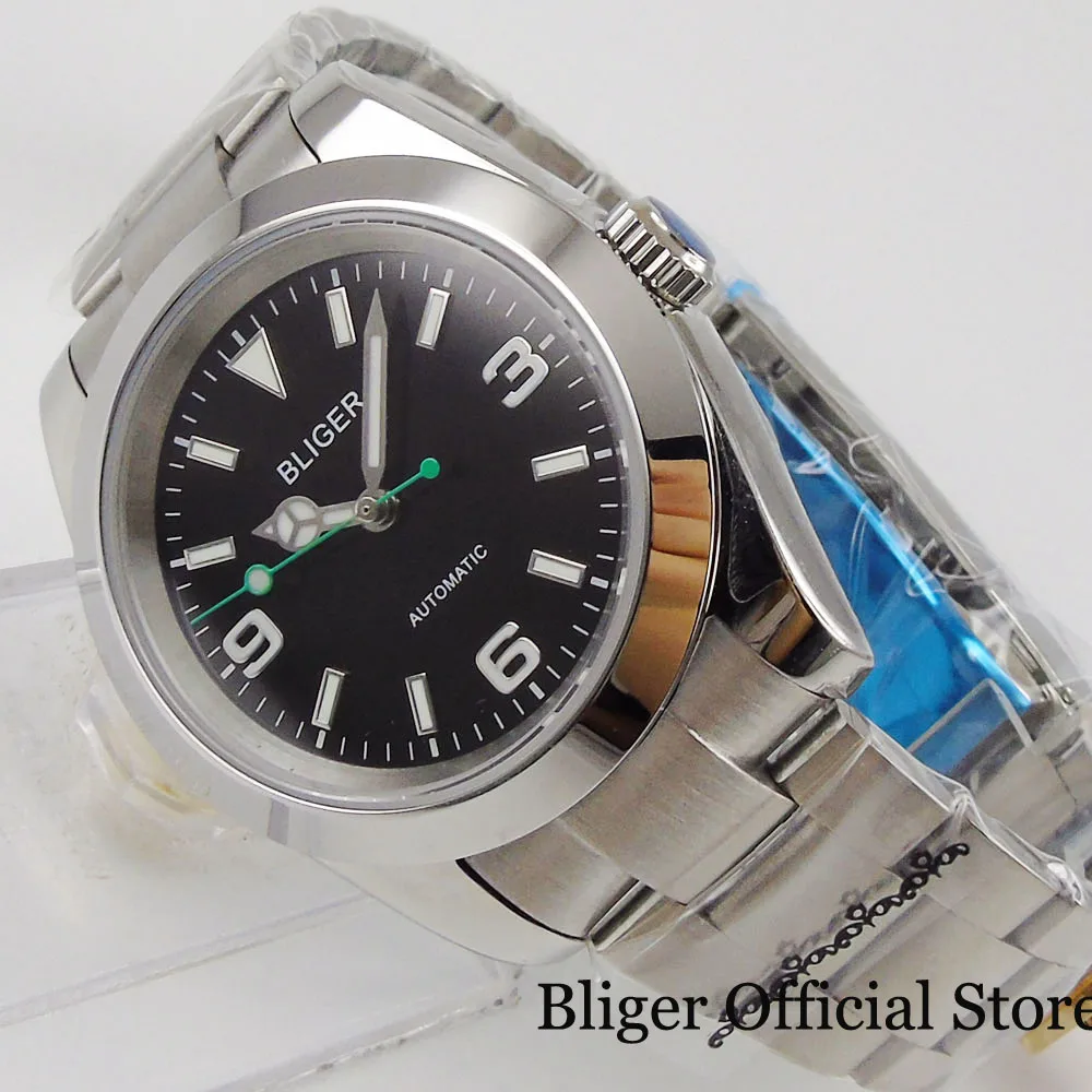 BLIGER 36mm Silver Color Steel Automatic Men Watch Japan NH35 MIYOTA 8215 Glass Back Brushed Oyster Band Green Second Hand