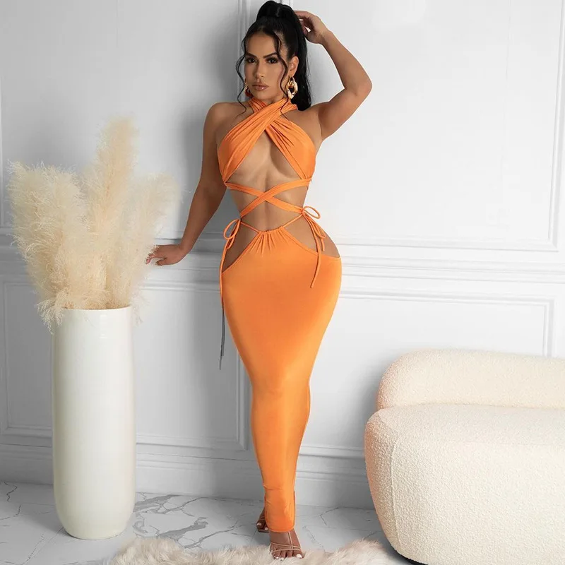 

2021 Solid Sexy Backless Halter Crop Top Hollow Out Bandage Skirt 2 Pieces Set Summer Women Streetwear Club Outfits Y2K