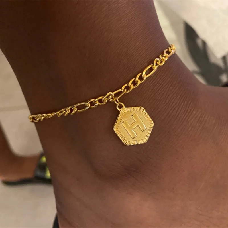 

A to Z Hexagon Alphabet Leg Bracelets For Women Foot Jewelry Gold Color Filled Feet Chain Friendship Gifts Initial Anklet