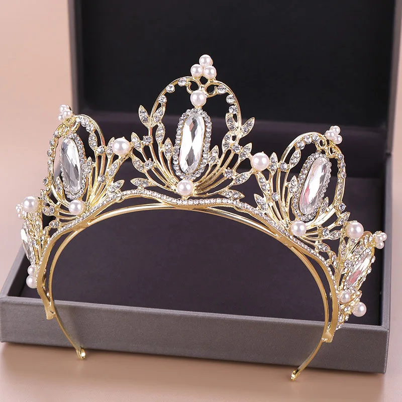 Gold Leaves Crystal Simulated Pearls Baroque Tiara Crown Princess Queen Pageant diadema Bride Wedding Hair Decorative Jewelry | Украшения и