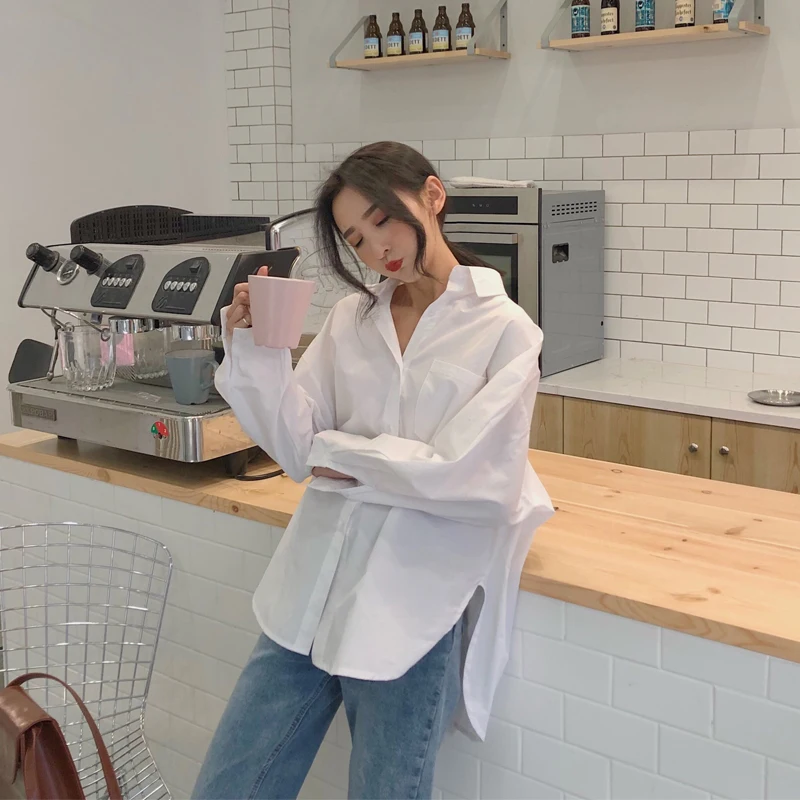 

2022 Spring Summer Women Shirts White Teens Solid Casual Blouses Female Tops Loose BF Korean Style Long Sleeves Blusas Pockets