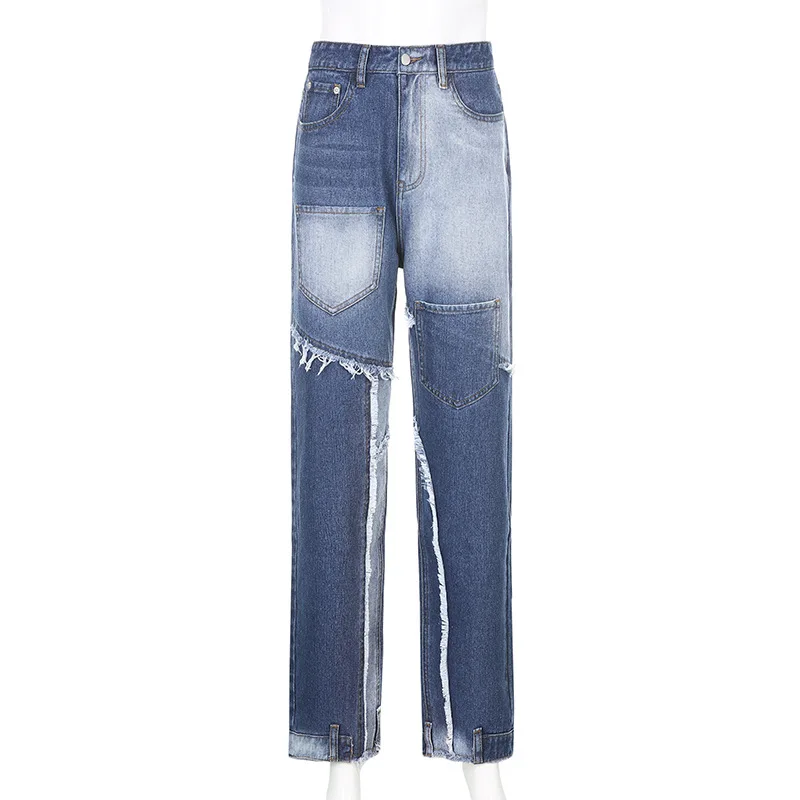 

High Waisted Jeans Woman Pocket Bleached Denim Joggers Straight Pants Washed Vintage Streetwear Trousers Fall 2020 Winter Cothes