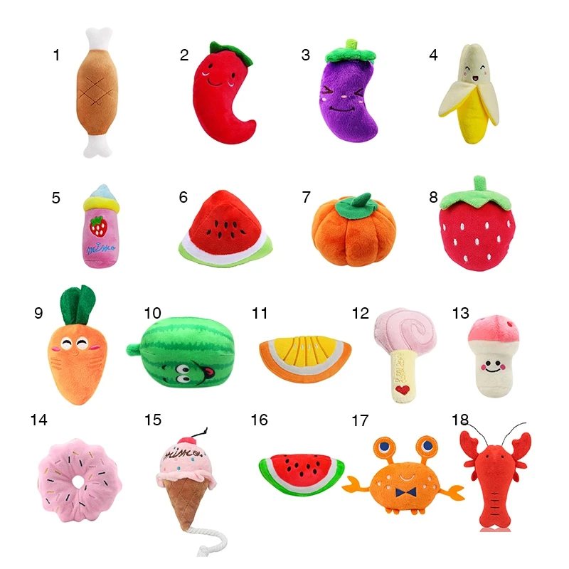 

Pet Dog Cute Plush Squeaky Bone Bite-Resistant Clean Dog Chew Puppy Training Toy Soft Fruit seafood cake Vegetable Pet Supplies