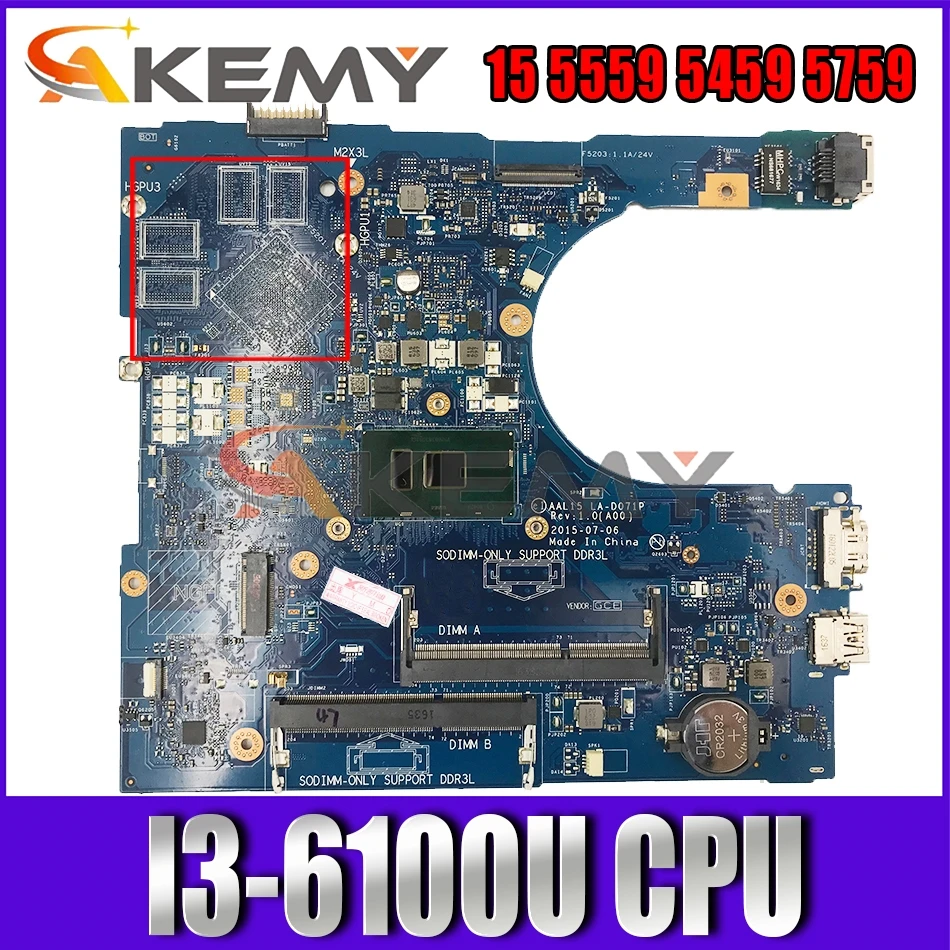 

Akemy I3-6100U для Dell Inspiron 15 5559 5459 5759 материнская плата AAL15 LA-D071P материнская плата CN-027G19 27G19 100% тестирование