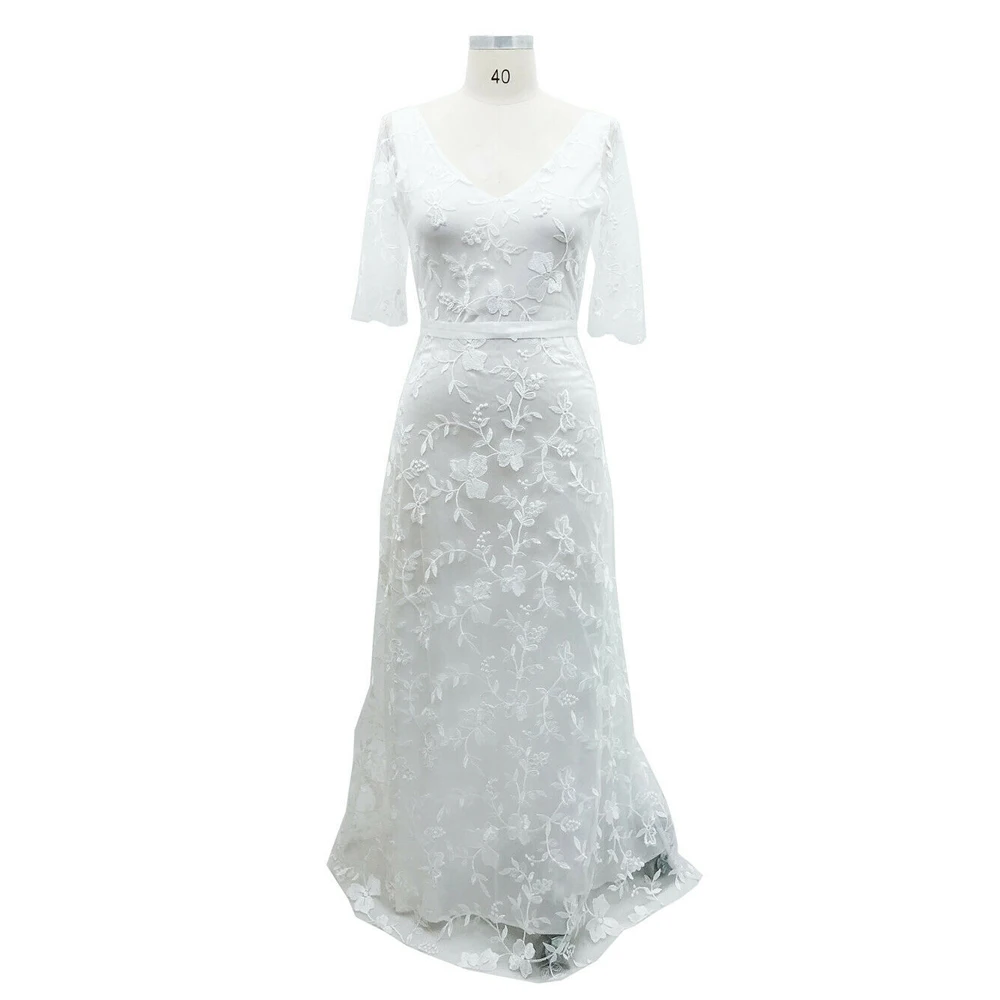 Платье женское кружевное с V-образным вырезом длинное вечернее коротким рукавом