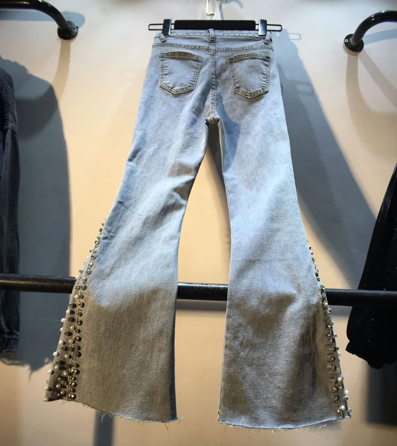 

2021 Spring Autumn Denim Pants Trousers European New Beads Diamond-Embedded High Waist Slimming Skinny Jeans Women's Bottom Pant