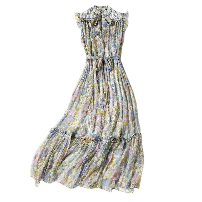 

Spring/summer 2021 printed elastic waist mid-length dress method Single ladies casual blue temperament silk age-reducing dress