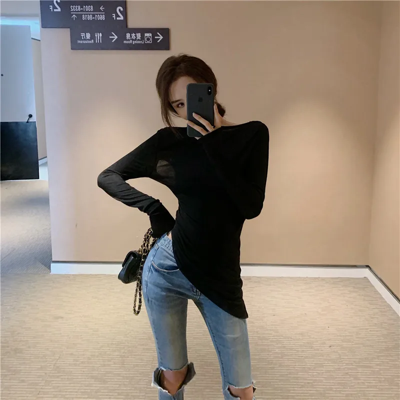 GRUIICEEN Sexy Autumn Long Sleeve T shirt for Women Backless Slim Top Tee Asymmetrical Skew Collar | Женская одежда