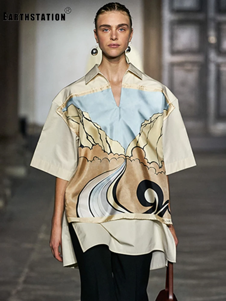 Женская свободная рубашка с принтом лацканами и разрезом сбоку Модный