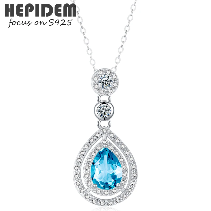 

HEPIDEM 100% Topaz Pendant Necklace for Women Silver 925 Sterling 2022 Blue Stone Gemstone S925 Choker Statement with Chain 7005