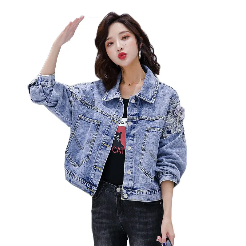 

Женская короткая джинсовая куртка, свободная повседневная осенняя куртка из денима с цветочной вышивкой и жемчужинами, с длинным рукавом, ...