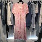 Женское Многофункциональное платье с коротким рукавом, длинное розовое платье на пуговицах с V-образным вырезом и цветочным принтом, лето 2021