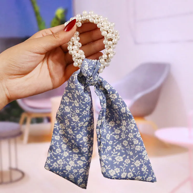 

2021 New Korea Style Simple Girl Hair Ties French Satin Pearl Knotted Bow Hair Ropes for Women Fashion Hair Accessories