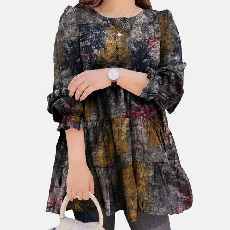 

Vintage Pattern Geometric Print Blouse Shirts 2021 Spring Casual O Neck Loose Women Tops Autumn Long Sleeve Office Lady Pullover