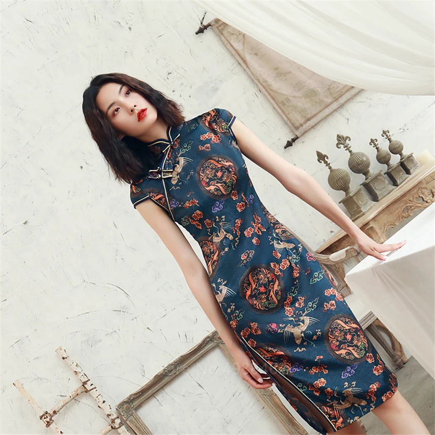 

Chinese Traditional Dress Cheongsam Qipao Women Girls Party Wedding Fashion Vintage Retro Crane Floral Print Satin Short Dresses