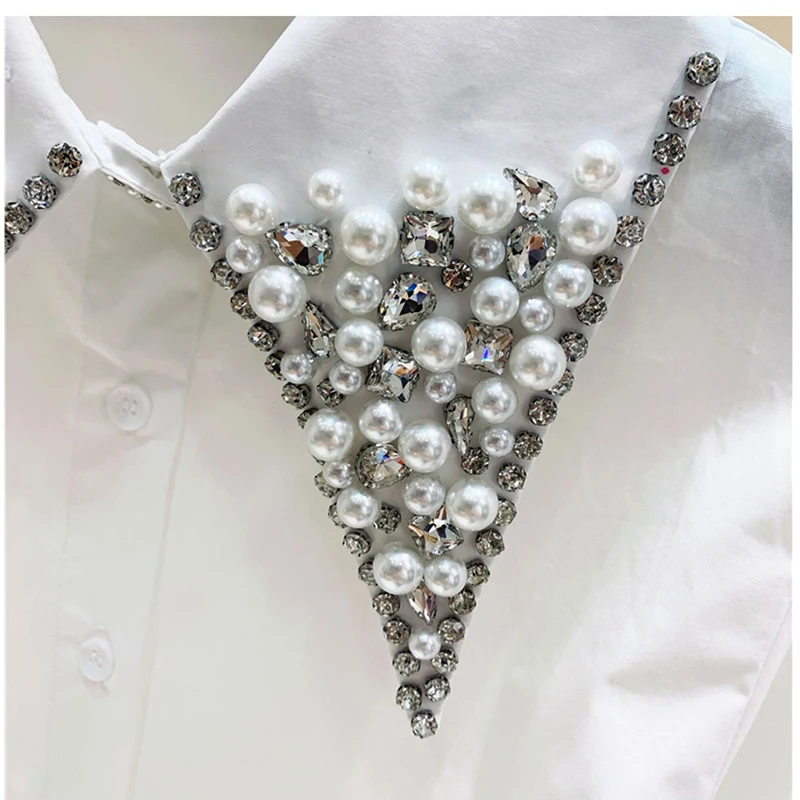 Женская блузка с жемчужинами элегантная белая рубашка воротником со стразами