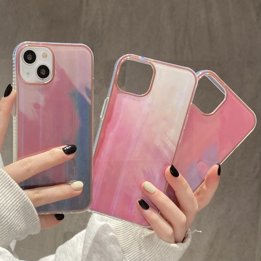 

Aurora Glitter Laser Back Watercolor Painting Phoe Case for iPhone 12 11 13 Pro 7 8 Plus X Xs Max XR Se 2020 Protective Cover
