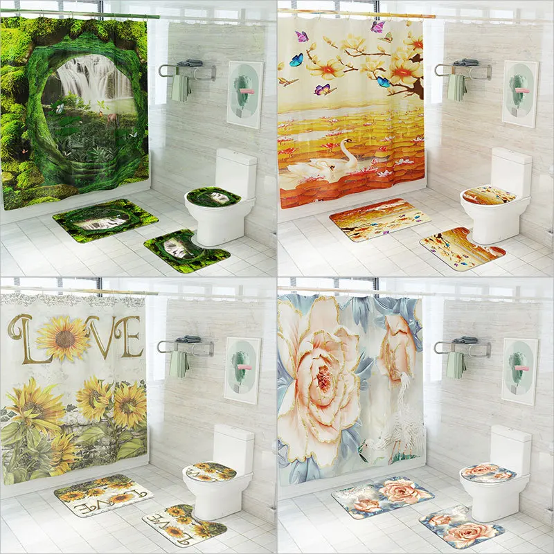 

Scenic Floral Printing Bath Mat Absorbent Bathroom Carpet Rug Non-Slip Bath Floor Rug Toilet Carpet with Shower Curtain Set