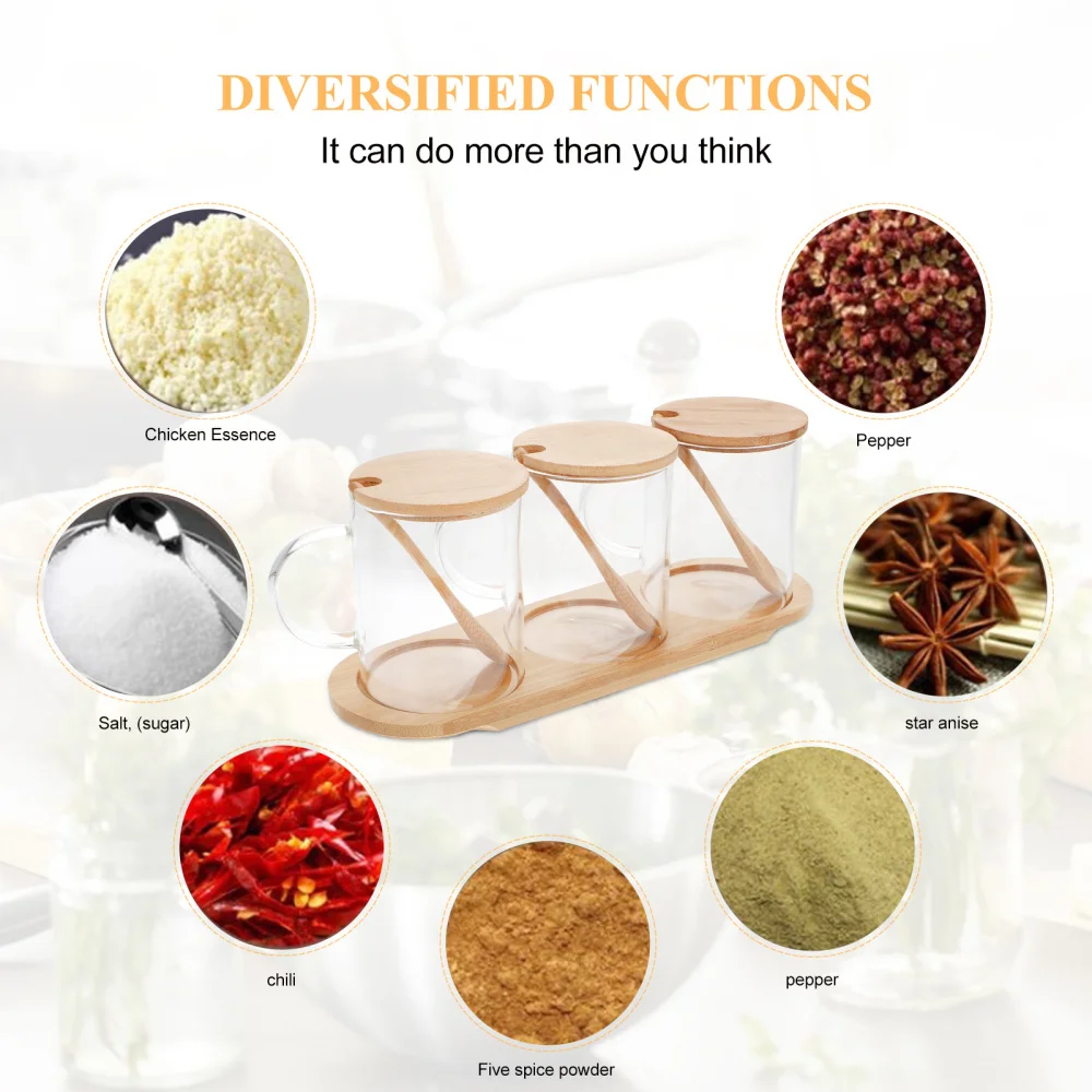 

4Pcs 300ml Glass Spice Jars Handle Seasoning Can Wood Tray Kit (Assorted Color)