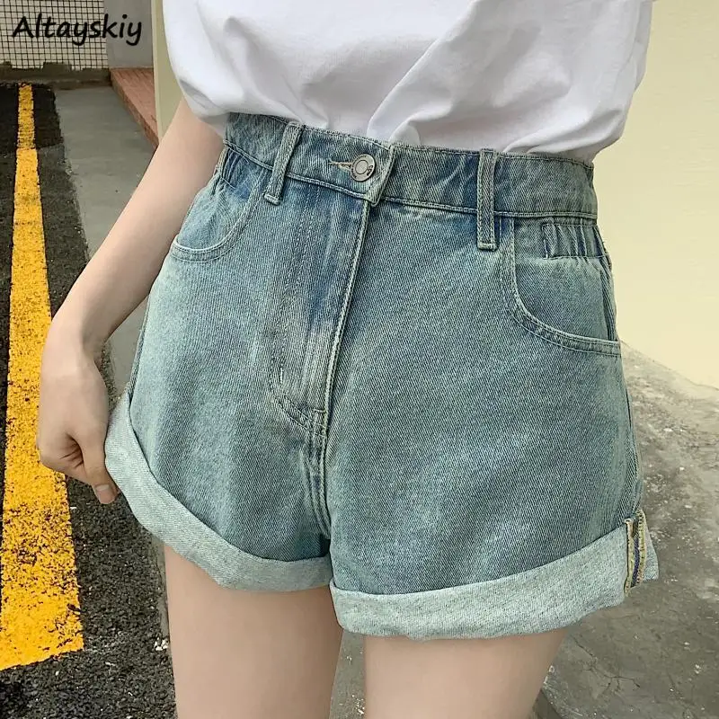 

Shorts Women Streetwear Hot Sale Solid Design Ulzzang Basic Summer Pockets High Waisted All-match Teens Denim Wide-leg Popular