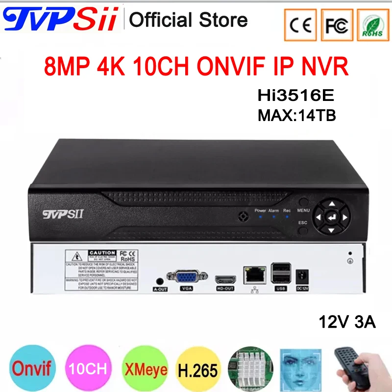 

Remote Control 12V 3A Hi3536E XMeye Audio Max 14TB H.265+ 8mp 4K 10CH 10 Channel Face Detection Onvif WIFI CCTV DVR NVR System