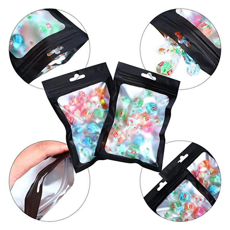 

200 Pcs Resealable Food Storage Bags with Clear Window Pouch for Food Self Sealing Storage Supplies Black & Pink