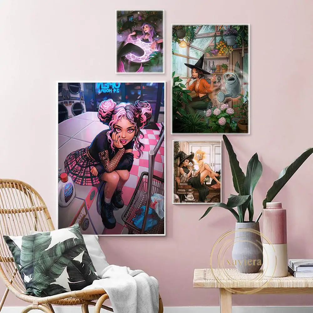 

Witch Magic Girl Anime Poster Cartoon Gothic Home Decoration Plant Flower Garden Wall Art Canvas Painting Interior Decor Bedroom