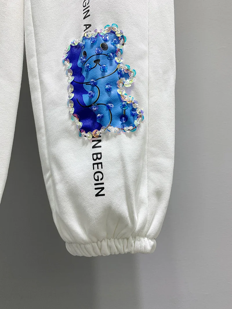 

2021 Spring Fall European New Sweatpants Loose Tappered Lantern Straight-Leg Lady Sports Pants Embroidery Sequins Casual Trouser