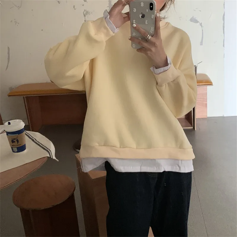 

HziriP Fashion Casual Plus Velvet Thick Warm Sweatshirt Women New OL Wear Fashion Loose Fake Two Piece Sweatshirts Outwear Tops