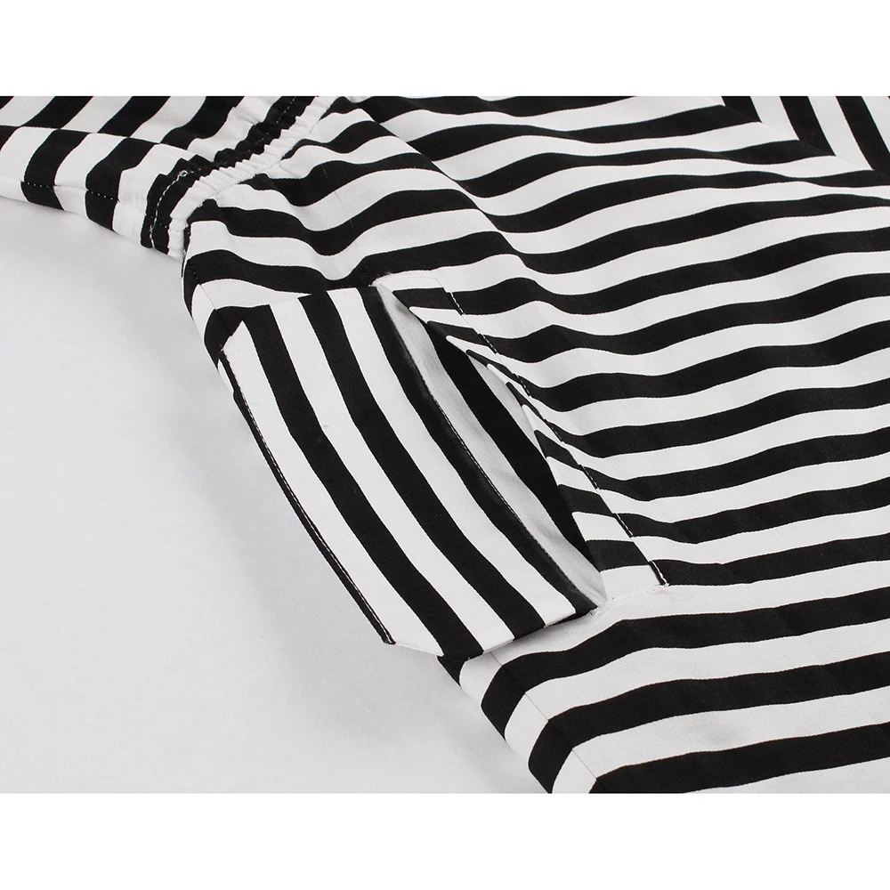

Retro Vintage Women Summer Dress Black WhiteSummer Elegant 50s 60s Striped Printed Turn Down Collar Holiday Green French Dresses