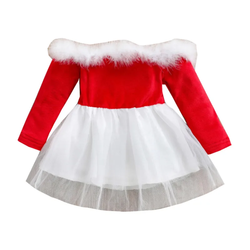 

Рождественское платье с меховой отделкой для маленьких девочек, лоскутное платье-пачка с открытыми плечами и длинным рукавом, Рождественская одежда, наряд Санта-Клауса