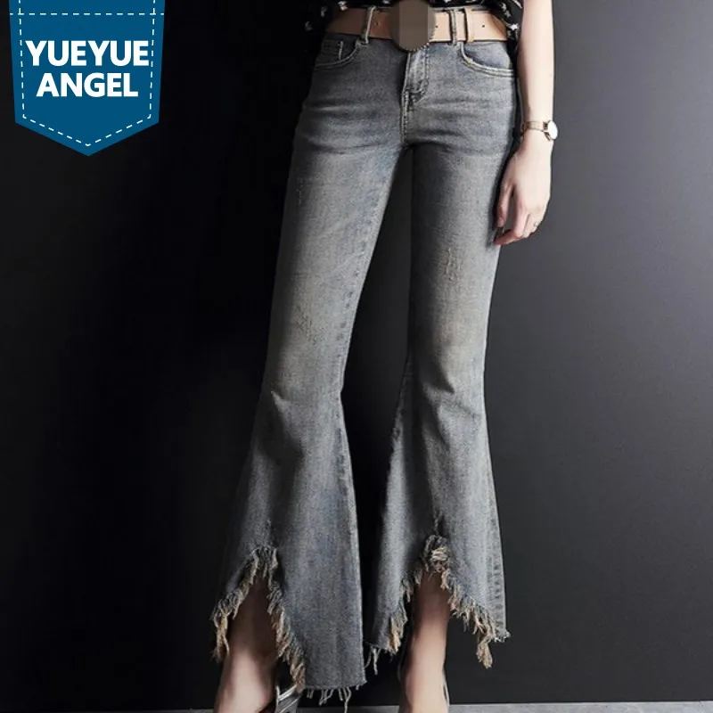 

Джинсы женские расклешенные с бахромой, облегающие брюки из денима с завышенной талией, уличная одежда, офисные винтажные штаны с колокольч...