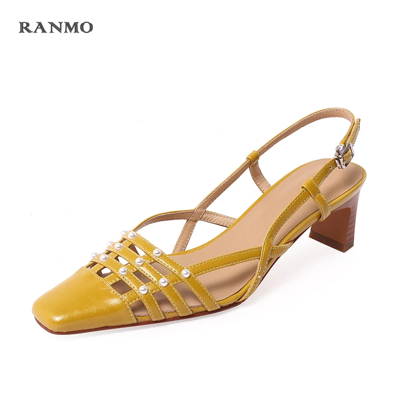 

summer new square toe sandals woman shoes pearl decoration summer outdoor sandals high heels comfortable sandals fashion shoes