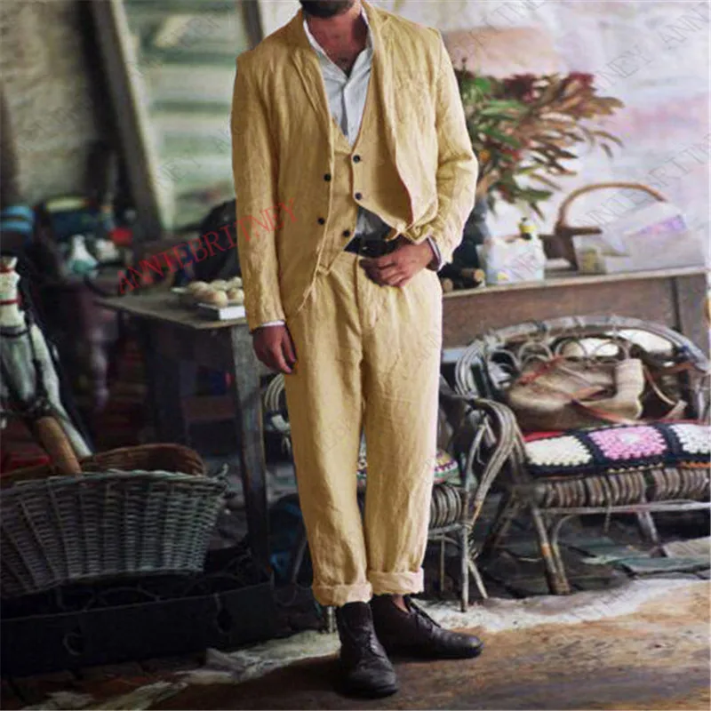 

2020 Classic Summer Men's Suit Comfortable Linen Wedding Dress for Men Groom Tuxedo 3 pieces Slim Mens Suits Jacket Vest Pants